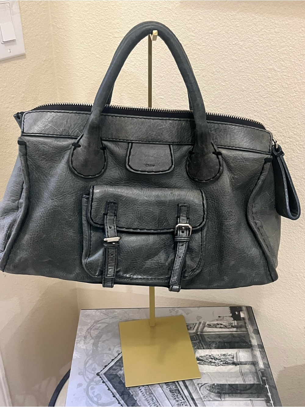 Chloe Large Distressed Black/Gray Leather Satchel